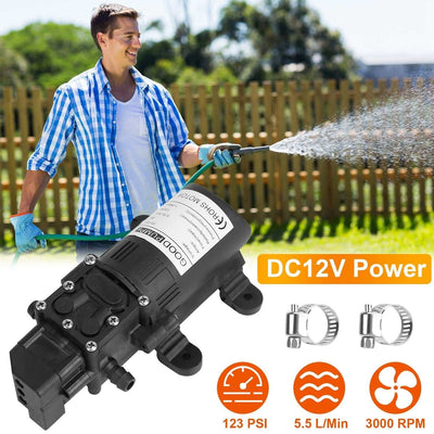 12V water pump with hose clamps, 130PSI pressure, 6L/min flow rate, 70W power, electric diaphragm sprayer for RV and boat use