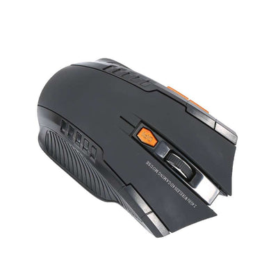 Black wireless optical gaming mouse with DPI adjustment and ergonomic design