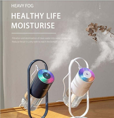 USB air humidifier with LED projection night lights releasing mist for home and office use