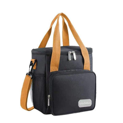 Black insulated lunch bag with 2-layer thermal container, adjustable strap, and front pocket.