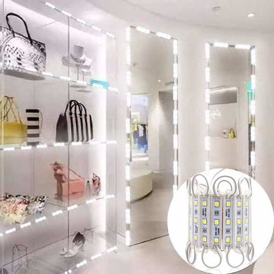 Waterproof LED module light strip used for backlighting display shelves and mirrors with bright white 5050 SMD LEDs.